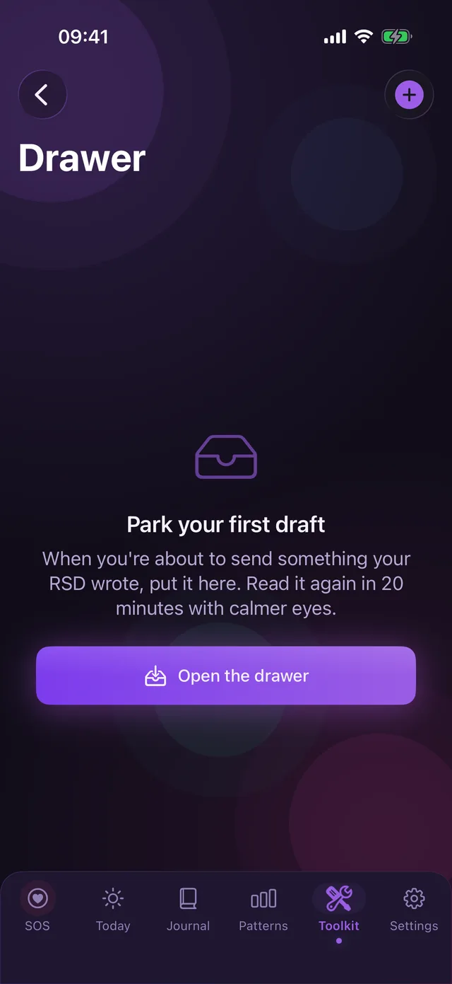 The Drawer intro screen inviting you to park your first draft