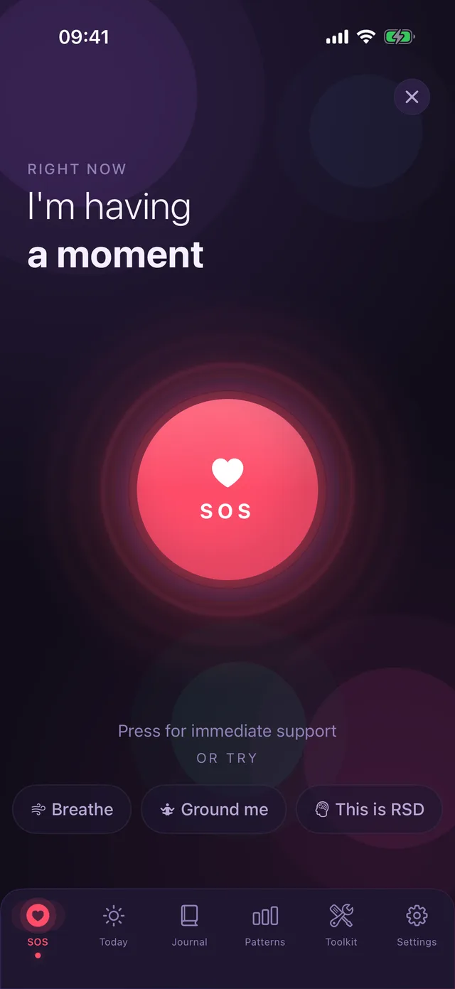 Outspiral SOS screen with a large button that says I'm having a moment