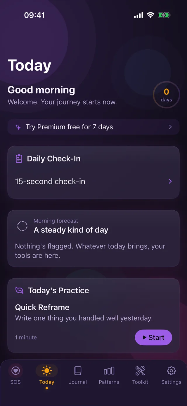 Today tab with a greeting, morning forecast, check-in, and daily practice