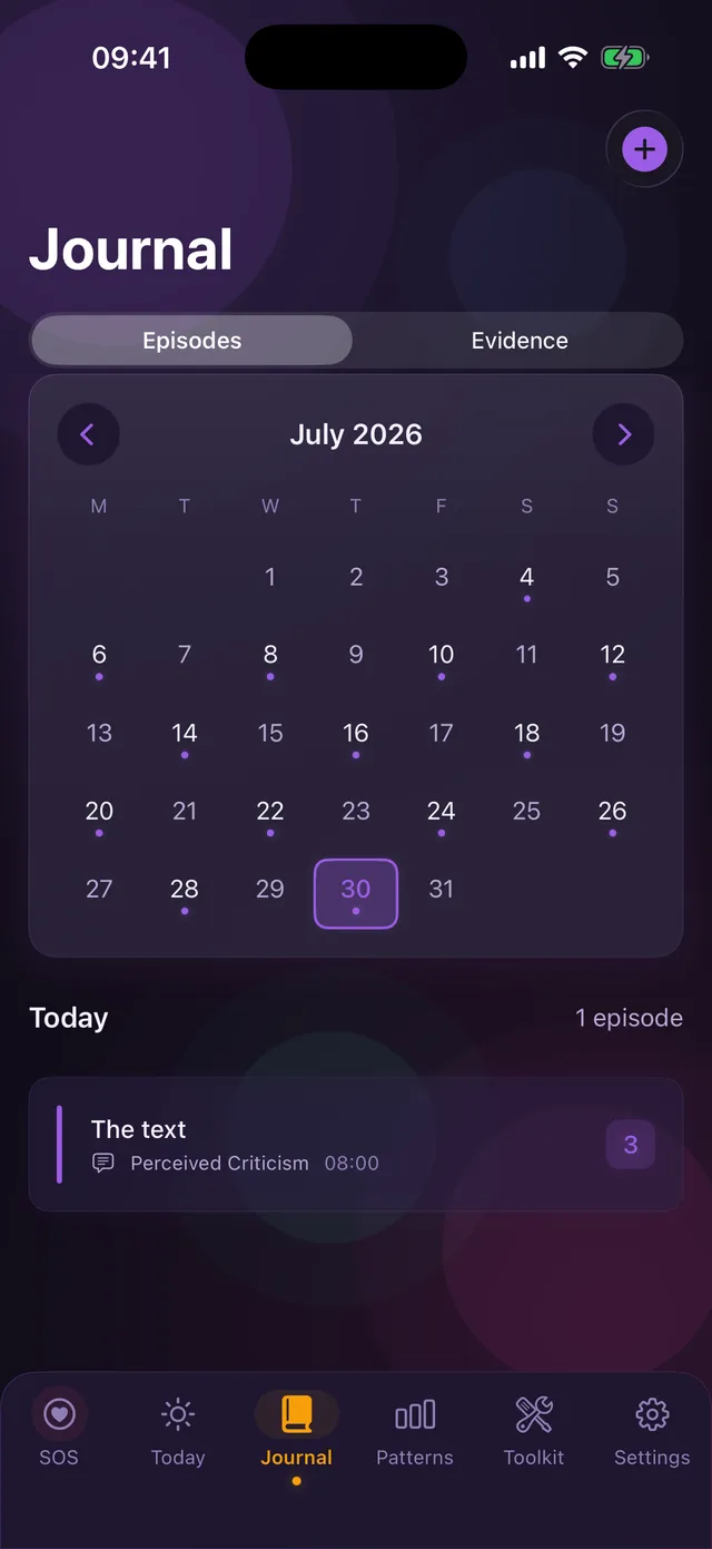 Journal screen with a calendar of episode dots and a logged episode