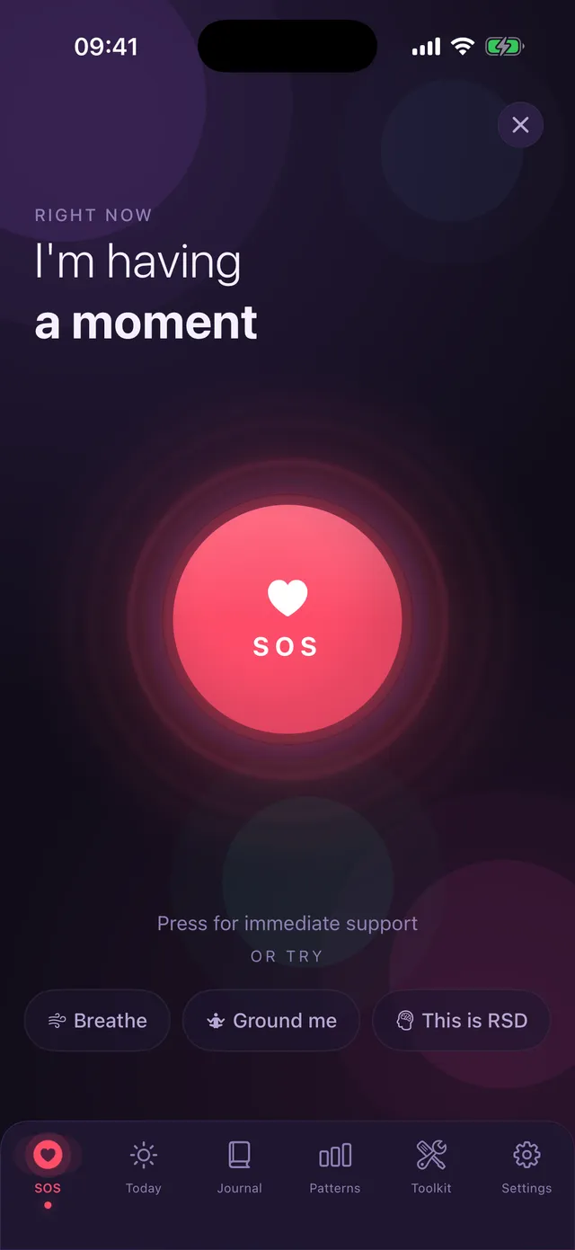 Outspiral SOS screen with a large button that says I'm having a moment