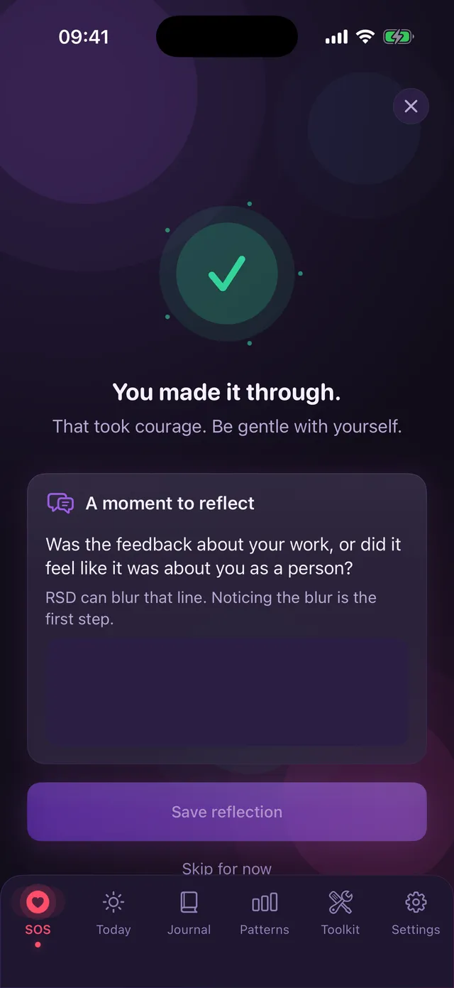 Post-episode reflection screen saying You made it through, with a prompt asking whether the feedback was about your work or about you as a person